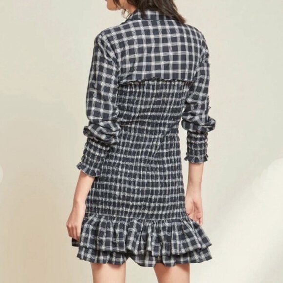 New Veronica Beard Kelsey Smocked Plaid Mini Shirtdress Navy White sz 6 $448 - Picture 3 of 9